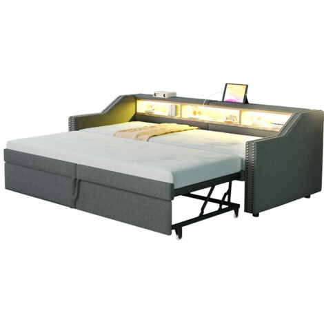 Schlafsofa Leinenstoff Dunkelgrau 90/180x200 cm, ausziehbar, mit Lattenrost, LED, USB und 2 Federkernmatratzen