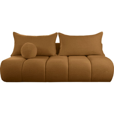 Schlafsofa mit Bettkasten – 3-Sitzer Sofa Couch mit Schlaffunktion, Bettfunktion – Skandinavische Polstercouch im modernen Design – Weicher Bouclé, Bouclestoff – Bernstein Braun