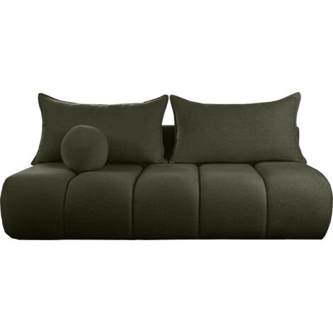 Schlafsofa mit Bettkasten – 3-Sitzer Sofa Couch mit Schlaffunktion, Bettfunktion – Skandinavische Polstercouch im modernen Design – Weicher Bouclé, Bouclestoff – Dunkelgrün