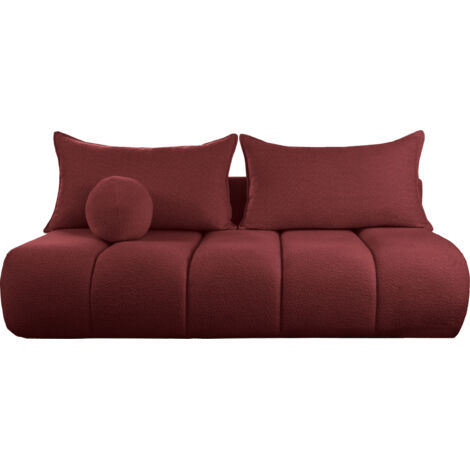 Schlafsofa mit Bettkasten – 3-Sitzer Sofa Couch mit Schlaffunktion, Bettfunktion – Skandinavische Polstercouch im modernen Design – Weicher Bouclé, Bouclestoff – Weinrot Rot