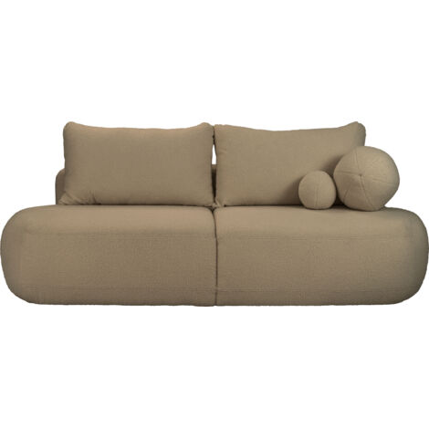 Schlafsofa mit Bettkasten – 3-Sitzer Sofa Couch mit Schlaffunktion – Skandinavische Polstercouch mit Rücken- und Dekokissen für Wohnzimmer – Weicher Boucle in Camel Dunkelbeige