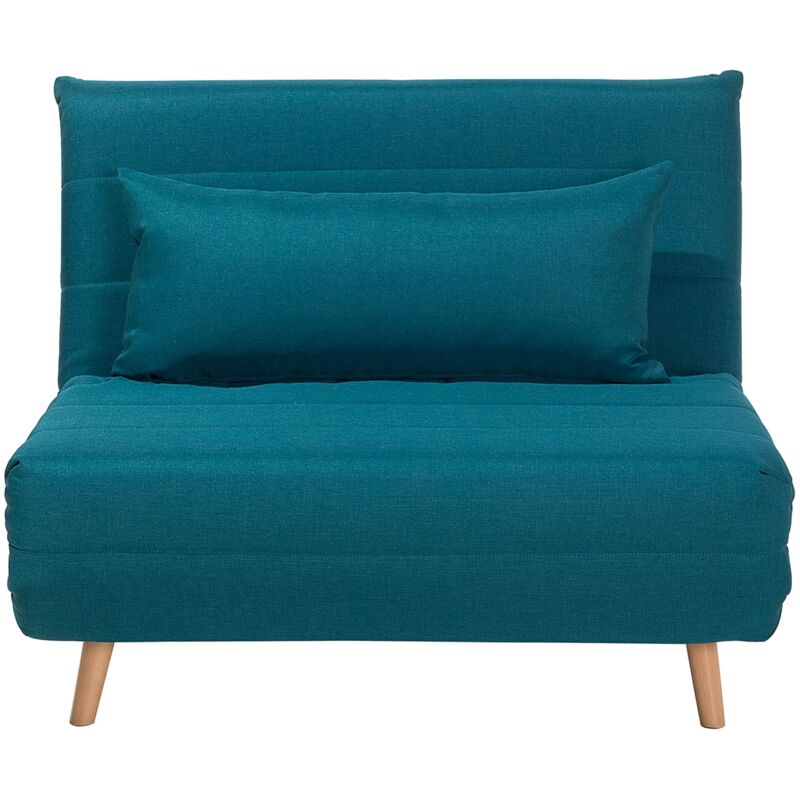 Beliani Sofa Seeblau Stoffbezug Mit Schlaffunktion 1 Dekokissen Verstellbare Rückenlehne Holzbeine Schlafsofa Gästebett Modern Wohnzimmer Ausstattung