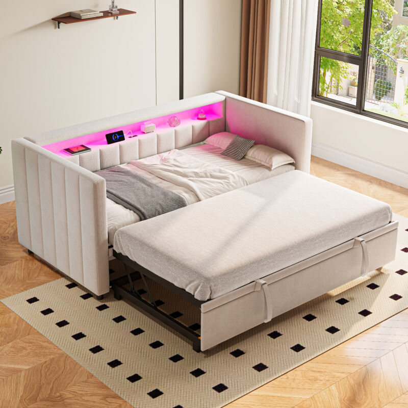 Mivray Schlafsofa Samt Beige 90x190 Cm, Ausziehbar Zum Doppelbett, Mit Led-beleuchtung, Usb-type-c Und Lattenrost
