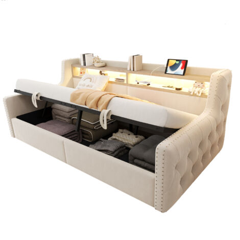 Schlafsofa Samt Beige 90x200 cm mit Stauraum, LED, Ablage, Steckdose und Lattenrost