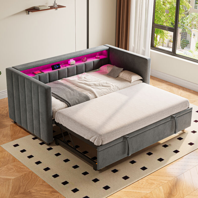 Mivray Schlafsofa Samt Dunkelgrau 90x190 Cm, Ausziehbar Zum Doppelbett, Mit Led, Usb-type-c Und Ablage