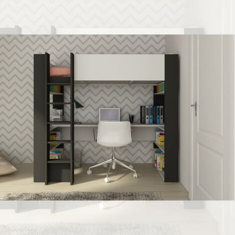 Schlafzimmer 1651 mit Hochbett und Schreibtisch darunter in Weiß und Anthrazit