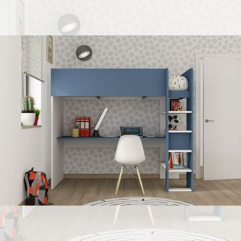 Schlafzimmer 2276 mit Hochbett und Schreibtisch darunter in Weiß und Blau