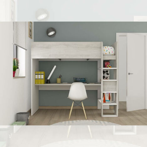 Schlafzimmer 2278 mit Hochbett und Schreibtisch darunter in Weiß und Altweiß