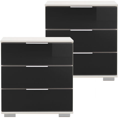 Schlafzimmer 2er Set Nachttisch Nachtschrank, auch für Boxspringbetten, in weiß mit schwarzem Glas ELSTRA-43, B/H/T ca. 52/58/38 cm