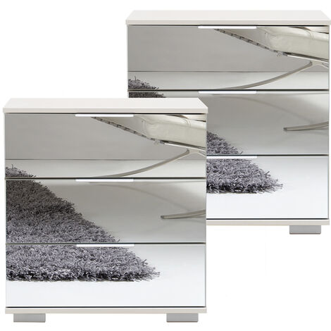 Schlafzimmer 2er Set Nachttisch Nachtschrank, auch für Boxspringbetten, in weiß mit Spiegelfront ELSTRA-43, B/H/T ca. 52/58/38 cm