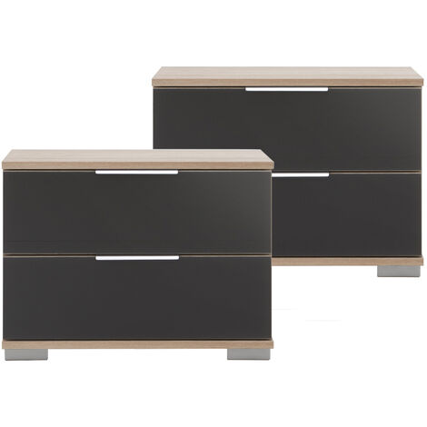 Schlafzimmer 2er Set Nachttisch Nachtschrank in Eiche sägerau Nb. mit grauem Glas ELSTRA-43, B/H/T ca. 52/40/38 cm
