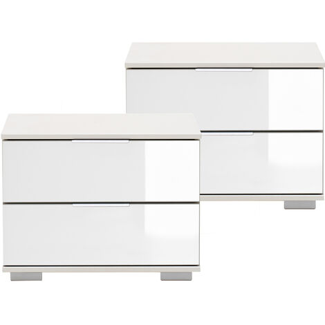 Schlafzimmer 2er Set Nachttisch Nachtschrank in weiß mit weißem Glas ELSTRA-43, B/H/T ca. 52/40/38 cm