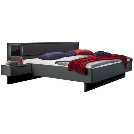 Schlafzimmer Bett 180x200 mit Polsterkopfteil und beleuchteten Nachtschränken in graphit, BRIXEN-43, B/H/T ca. 289/92/210 cm