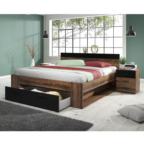 Schlafzimmer Doppelbett Kombinationsset in Monastery Eiche Nb. mit schwarz BIRMINGHAM-83 Liegefläche 180x200 cm
