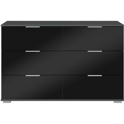 Schlafzimmer Kommode mit 6 Schubladen in graphit mit schwarzem Glas ELSTRA-43, B/H/T ca. 130/83/41 cm