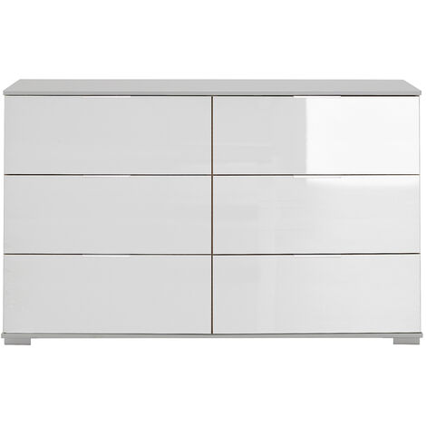 Schlafzimmer Kommode mit 6 Schubladen in weiß mit weißem Glas ELSTRA-43, B/H/T ca. 130/83/41 cm