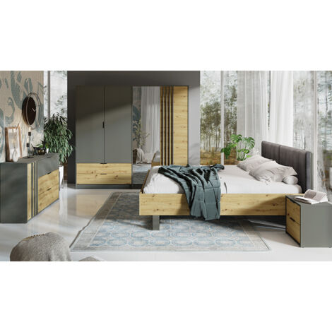Schlafzimmer Komplett Set 4-teilig mit Bettgestell 160x200 cm modern in grau mit Eiche RAGUSA-166