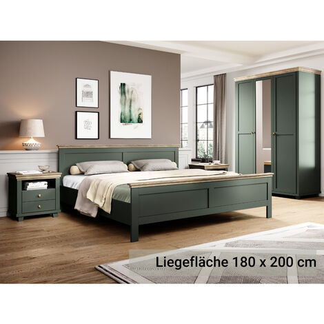 Schlafzimmer Komplett Set im Landhausstil EPSOM-83 Doppelbett Liegefläche 180 x 200 cm, in grün mit Lefkas Eiche Nb.