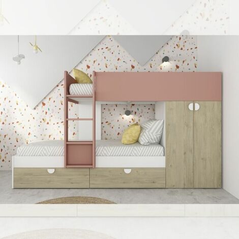 Schlafzimmer mit Etagenbett mit Schubladen und Kleiderschrank in Eiche und Altrosa
