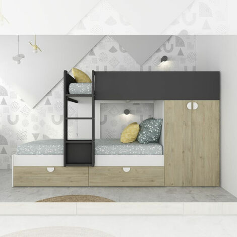 Schlafzimmer mit Etagenbett mit Schubladen und Kleiderschrank in Eiche und Anthrazit