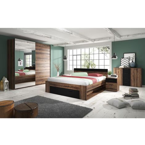 Schlafzimmer Möbel Set mit Doppelbett, Schwebetürenschrank, Kommode und 2 Nachttischen in Monastery Eiche Nb. mit schwarz BIRMINGHAM-83 Liegefläche 160x200 cm