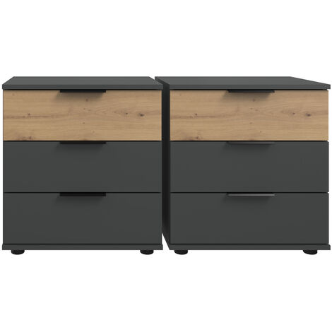 Schlafzimmer Nachtschrank Nachttisch, 2er Set, auch für Boxspringbetten geeignet, in graphit mit Artisan Eiche Nb. GRANADA-43, B/H/T je ca. 52/58/38 cm