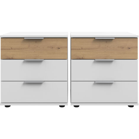 Schlafzimmer Nachtschrank Nachttisch, 2er Set, auch für Boxspringbetten, in weiß mit Artisan Eiche Nb. GRANADA-43, B/H/T je ca. 52/58/38 cm
