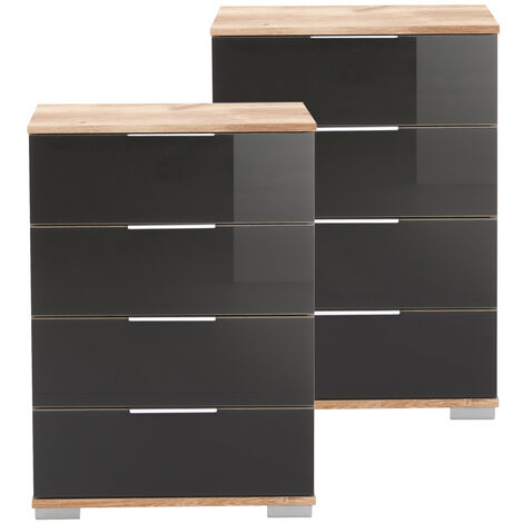 Schlafzimmer Nachttisch 2er Set, auch für Boxspringbett geeignet, in Plankeneiche Nb. mit grauem Glas ELSTRA-43, B/H/T ca. 52/74/38 cm