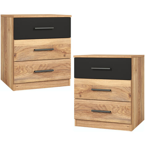 Schlafzimmer-Nachttisch 2er Set mit je 46 cm Breite in Eiche mit schwarz, mit 3 Schubladen - BIRMINGHAM-83