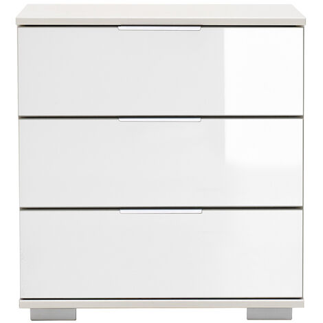 Schlafzimmer Nachttisch Nachtschrank, auch für Boxspringbett geeignet, in weiß mit weißem Glas ELSTRA-43, B/H/T ca. 52/58/38 cm