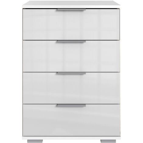 Schlafzimmer Nachttisch Nachtschrank, auch für Boxspringbett geeignet, in weiß mit weißem Glas ELSTRA-43, B/H/T ca. 52/74/38 cm