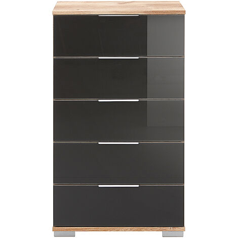 Schlafzimmer Schubkastenkommode in Plankeneiche Nb. mit grauem Glas ELSTRA-43, B/H/T ca. 49/102/41 cm