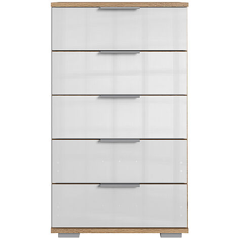 Schlafzimmer Schubkastenkommode in Plankeneiche Nb. mit weißem Glas ELSTRA-43, B/H/T ca. 49/102/41 cm