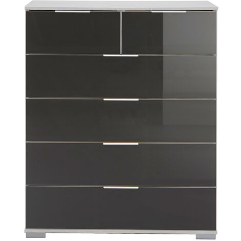 Schlafzimmer Schubkastenkommode in weiß mit grauem Glas ELSTRA-43, B/H/T ca. 82/102/42 cm