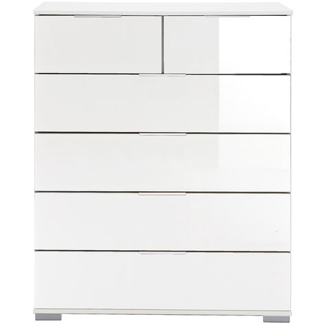 Schlafzimmer Schubkastenkommode in weiß mit weißem Glas ELSTRA-43, B/H/T ca. 82/102/42 cm