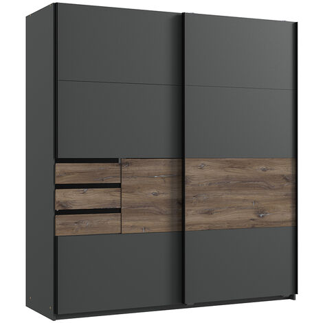 Schlafzimmer Schwebetürenschrank mit 3 Schubkästen in graphit mit Flagstaff Eiche Nb. BREGENZ-43, B/H/T ca. 180/198/65 cm
