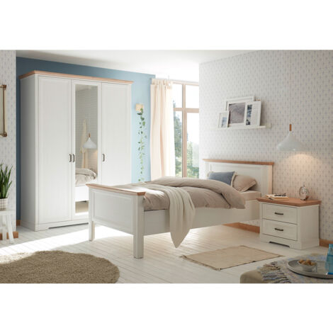 Schlafzimmer Set 3-teilig Bett 100x200cm Pinie weiß mit Eiche JÜLICH-77