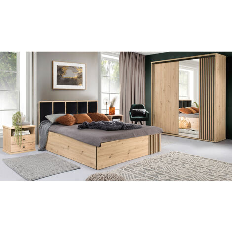 Schlafzimmer Set 4-teilig, Bett 180x200 cm, Eiche mit schwarz CALLAO-161