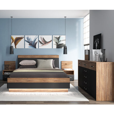 Schlafzimmer Set 4-teilig MANAGUA-129 mit Bett 140x200 in Eiche mit schwarz matt
