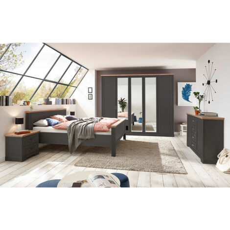 Schlafzimmer Set 5-teilig Bett 180x200cm Graphit mit Eiche JÜLICH-77