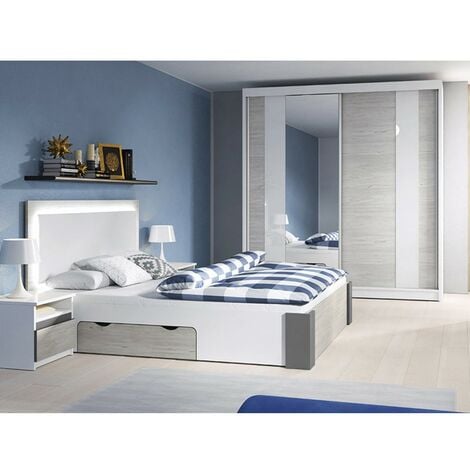 IDŹCZAK-MEBLE Schlafzimmer-Set Bettgestell Kleiderschrank Nachttisch Helios II 180 (Weiß/Kathult+Grau)