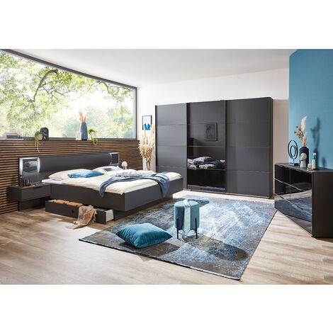 Schlafzimmer Set mit Schwebetürenschrank, 270cm breit, in graphit mit schwarz BRIXEN-43