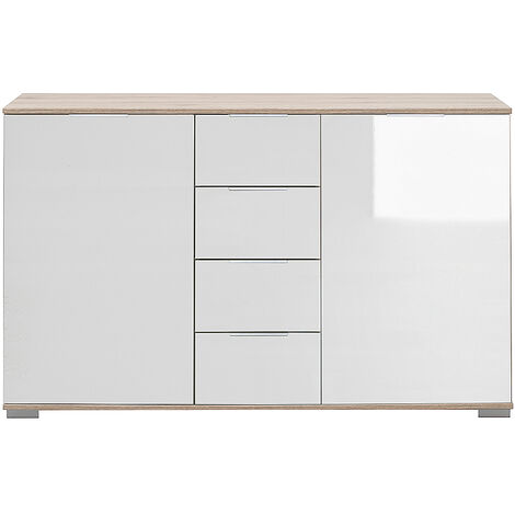 Schlafzimmer Sideboard in Eiche sägerau Nb. mit weißem Glas ELSTRA-43, B/H/T ca. 130/83/41 cm