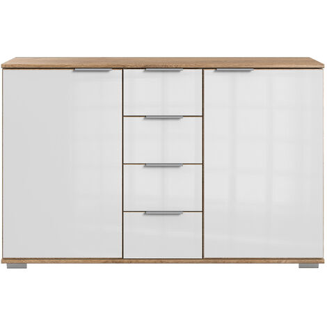 Schlafzimmer Sideboard in Plankeneiche Nb. mit weißem Glas ELSTRA-43, B/H/T ca. 130/83/41 cm