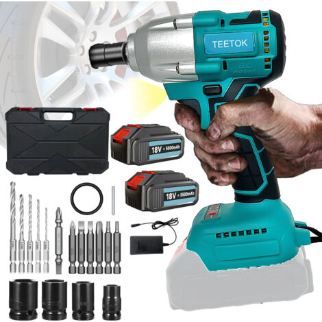 Schlagschrauber, 3-in-1 bürstenloser Akku-Schlagschrauber mit 1/2-Zoll-Schraubendreher, 450 Nm Drehmoment mit 4 Steckdosen, 2 5500-mAh-Akkus, 5 Bohrer, 7 Schrauben + Koffer, kompatibel mit Makita-Akku