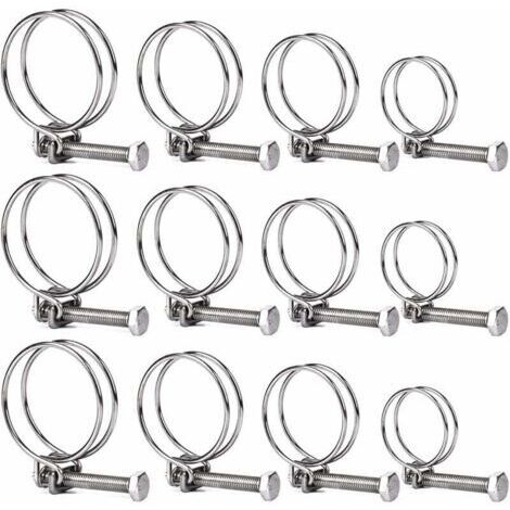 Schlauchschellen aus Edelstahl 304, 12er-Packung – doppelt verstellbare Größen (20 mm, 25 mm, 35 mm, 40 mm) für Hydraulik-, Automobil- und Gartenanwendungen.
