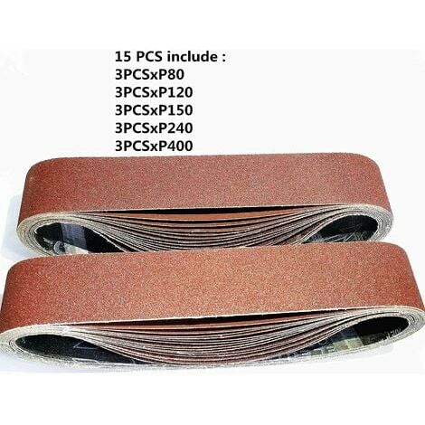 MEZHENG Schleifband, 50 x 686 mm, gemischte Schleifbänder (3x Körnung 80/120/150/240/400) für Bandschleifer (15 Stück)