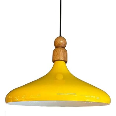Schlichte Gelb Pendelleuchte aus Holz mit Kopfteil - Vintage-Kronleuchter E27 Ø35 cm für Wohnzimmer, Schlafzimmer Oder Esszimmer