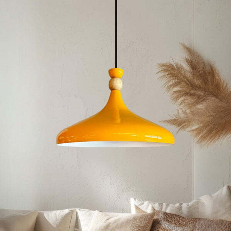Bamyum Schlichte Gelb Pendelleuchte In Hutform Aus Holz – Vintage-kronleuchter E27 Ø35 Cm Für Wohnzimmer, Schlafzimmer Oder Esszimmer
