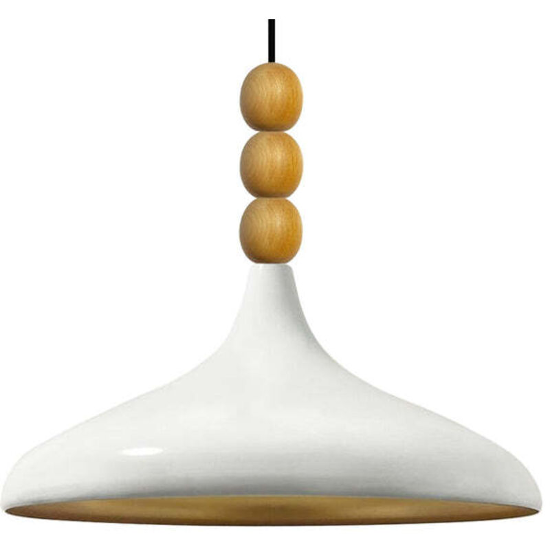 Bamyum Schlichte Weiß Pendelleuchte Mit Drei Perlen Und Holzkopf – Vintage-kronleuchter E27 Ø35 Cm Für Wohnzimmer, Schlafzimmer Oder Esszimmer